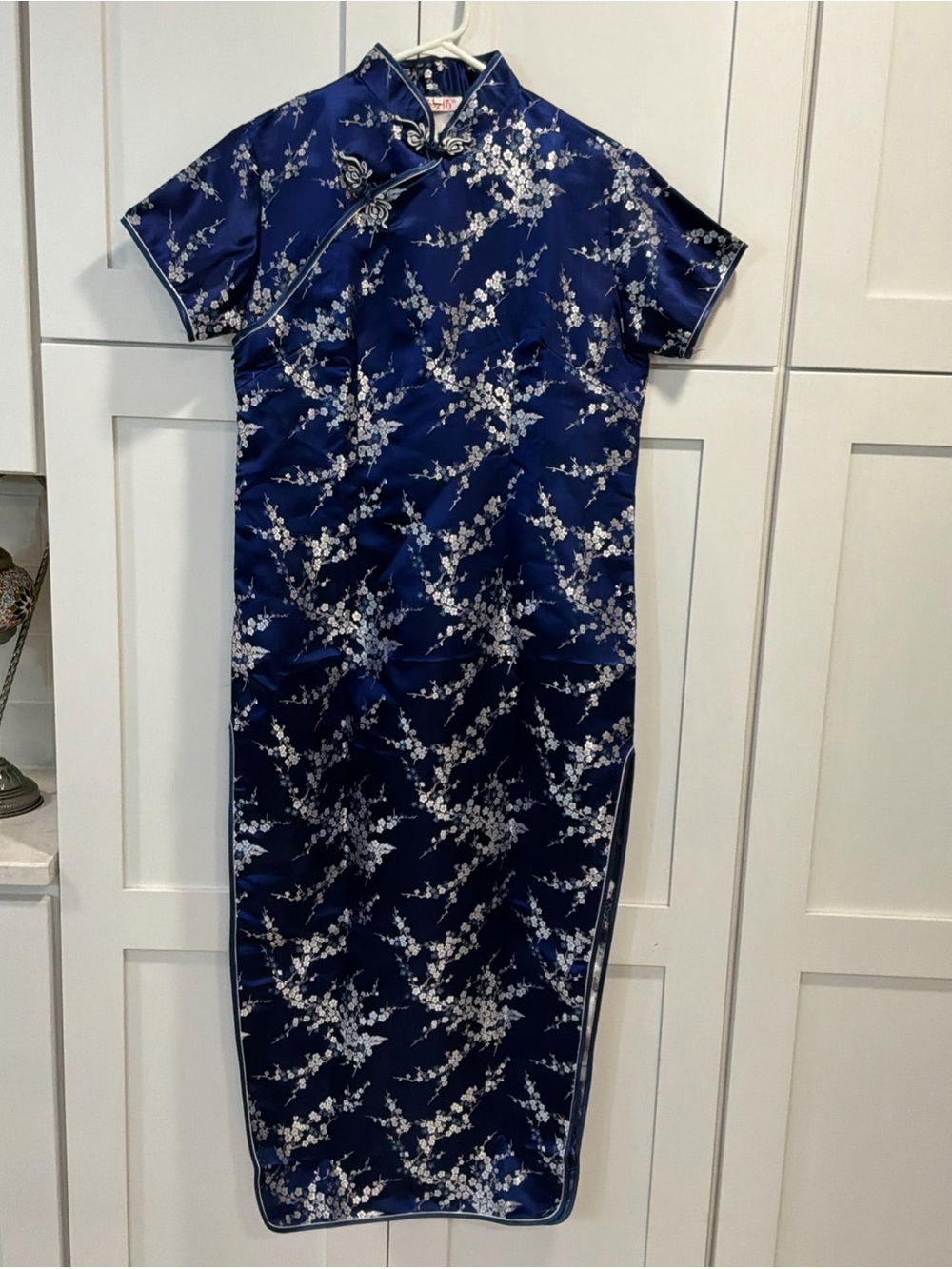 Vintage cheongsam dress Laogudai satin blue floral women’s size XXXL cocktail